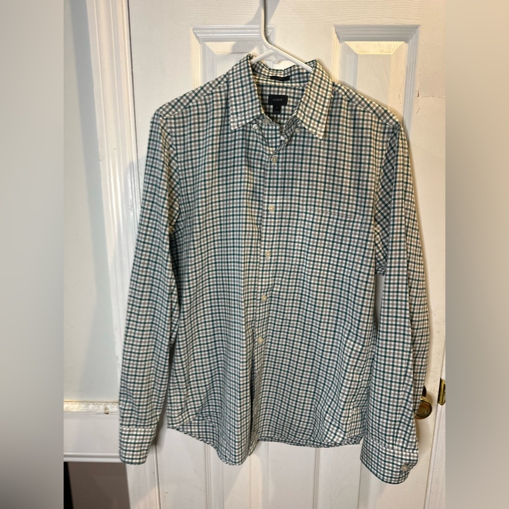 J Crew Men’s Long Sleeve Button Up Slim Small Green Grey Plaid Checkered